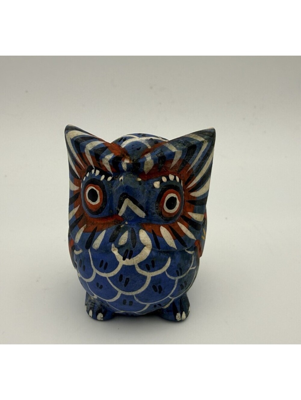 VTG Wooden Hand Crafted Painted Colorful Owl Bird Sculpture Figurine Indonesia